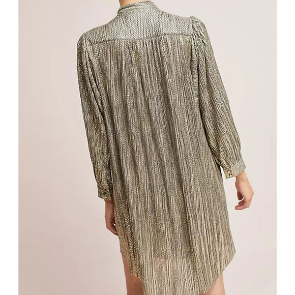 Anthropologie Sabina Musayev Tie Neck Shirt Dress Size XS Gold Metallic Shimmer - Picture 7 of 12